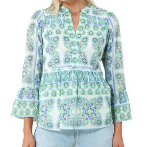 NWT Hale Bob Blue Print Long Sleeve Boho Split Crew Neck Shirred Top XS Reg $218
